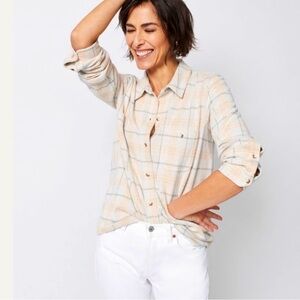 Faherty Cream Notched Collar 3/4 Sleeve Button Down Shirt